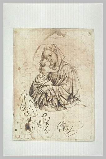 Vierge à l'Enfant, vue à mi-corps ; essais de plume