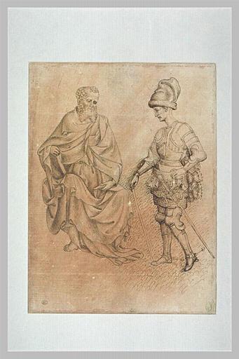 Evangéliste (?) assis de face ; homme en armure