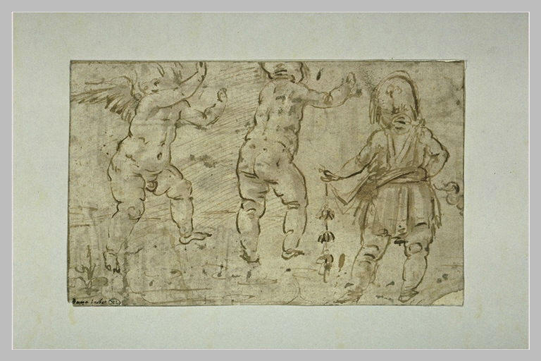 Un enfant ailé ; un enfant nu, de dos ; et un enfant vêtu, de dos
