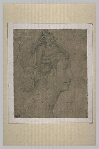 Tête de femme avec coiffure maniérée, vue de profil vers la droite