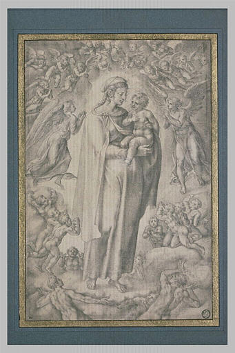 La Vierge et l'Enfant, sur des nuages, entourés de nombreuses figures