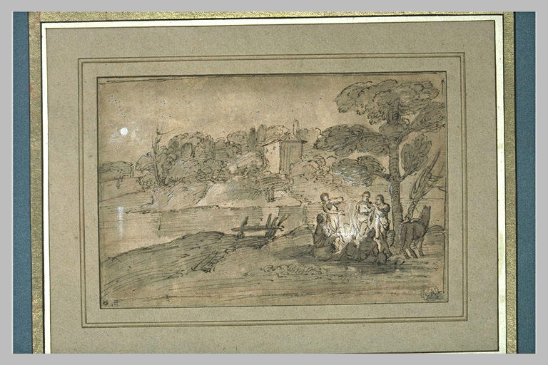 Paysage avec un cheval et plusieurs figures auprès d'un feu, sous un arbre