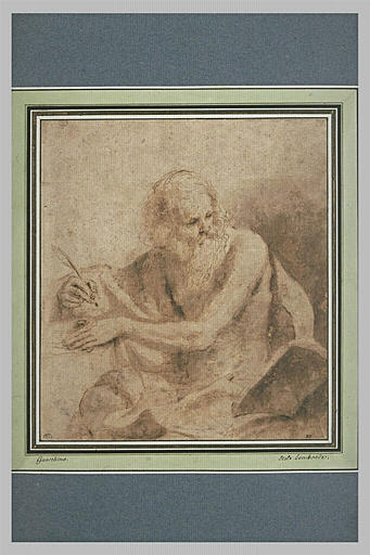 Saint Jérôme assis devant une table tenant une plume et lisant