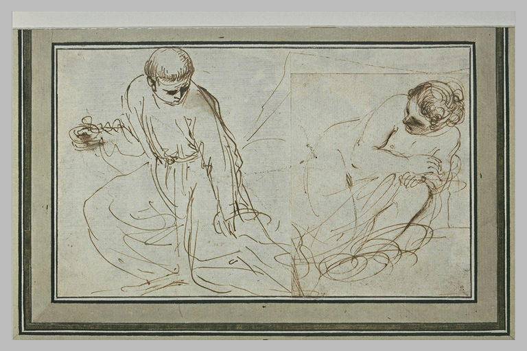 Un religieux agenouillé, portant une coupelle ; une femme à demi nue