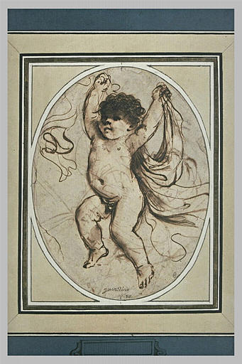 Etude pour un putto, les bras levés, semblant tenir une draperie