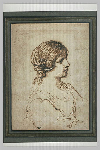 Figure de jeune fille, vue à mi-corps, de profil vers la droite