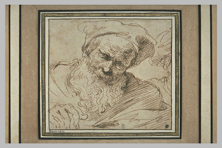 Un buste de vieillard, vu de face, la tête inclinée à droite