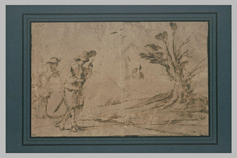 Deux chasseurs, tournés vers le droite
