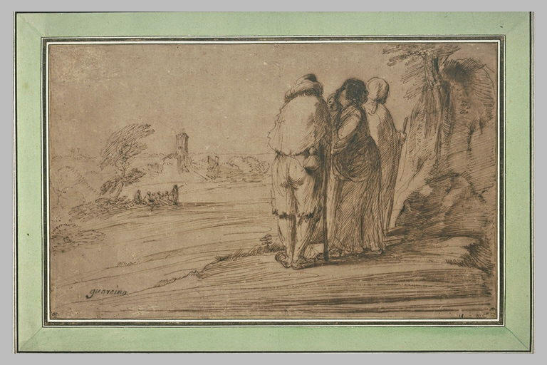 Quatre mendiants dans un paysage