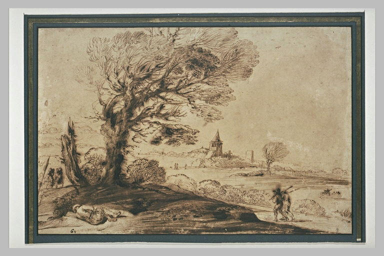 Paysage sous le vent avec un homme endormi sous un arbre