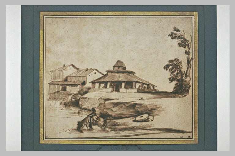 Masure sur le bord d'une rivière dans laquelle un homme fait boire un cheval