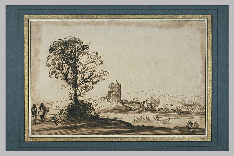 Paysage avec deux figures assises et deux debout regardant passer une barque