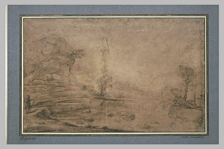 Paysage avec un homme appuyé sur un bâton regardant une chute d'eau