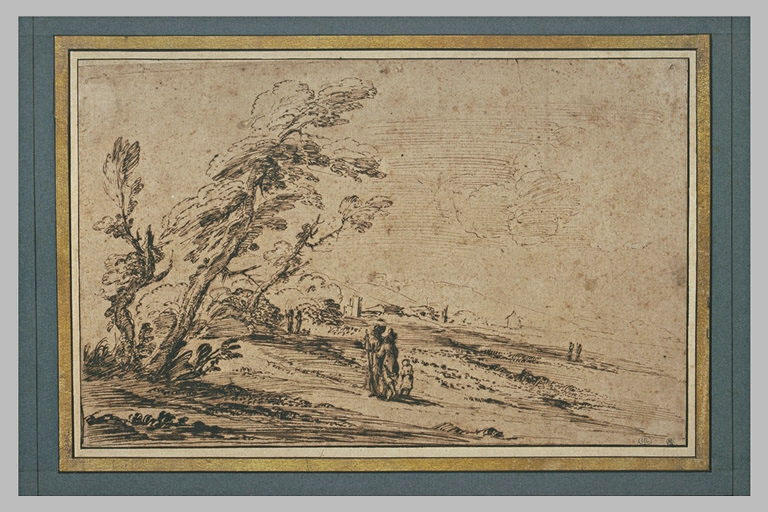 Paysage avec cinq figures près d'arbres brisés et deux autres dans la plaine