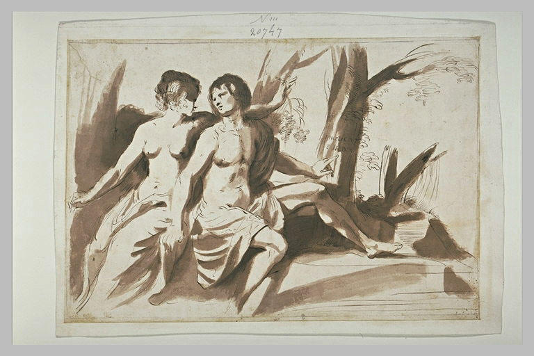 Jeune homme et jeune fille au pied d'un arbre marqué Angelica et Medor