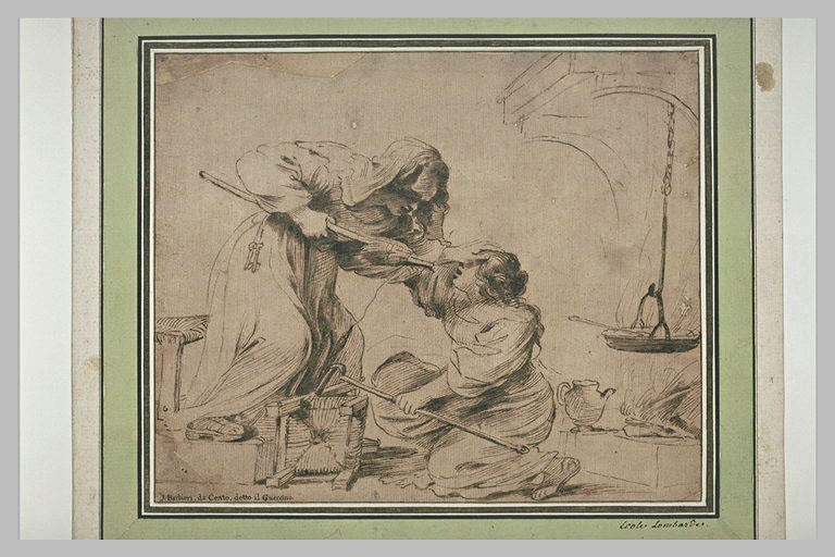 Deux jeunes filles se battant près d'une cheminée