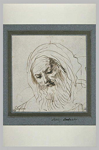 Etude d'une tête de vieil homme barbu, la tête voilée