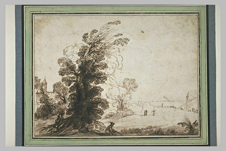 Paysage avec une église cachée par des arbres, près d'une étendue d'eau