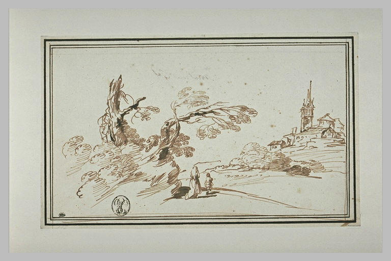 Paysage avec deux figures se dirigeant vers un village