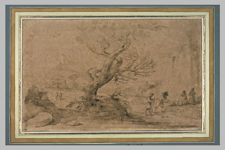 Paysage avec deux soldats ou brigands ouvrant les bagages de deux femmes