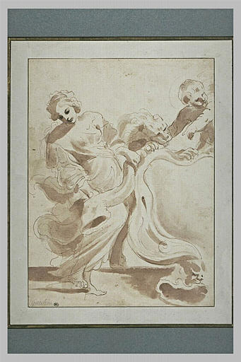 Projet de frontispice : femme près d'un lion, d'un putto et d'un écusson