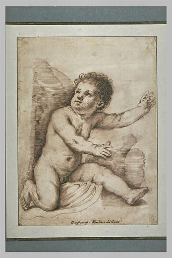 Etude d'un jeune enfant nu, assis à terre, les bras tendus vers la droite