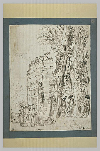 Paysage avec des figures groupées près d'un bâtiment