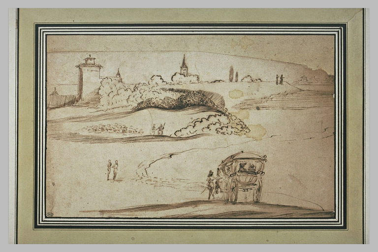 Paysage avec une voiture attelée et des figures