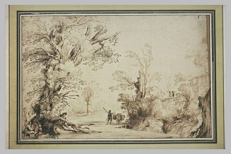 Paysage avec un homme conduisant un mulet