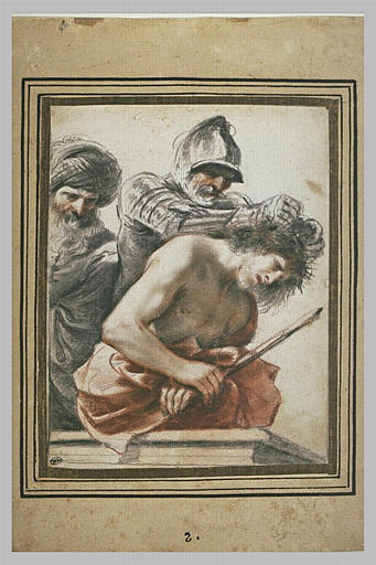 Pilate regarde un soldat poser sur la tête du Christ une couronne d'épines