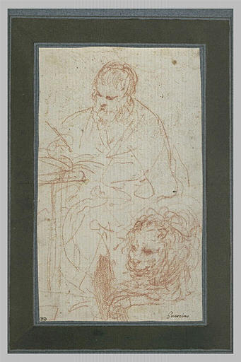 Saint Marc assis, écrivant à une table, avec un lion à ses pieds