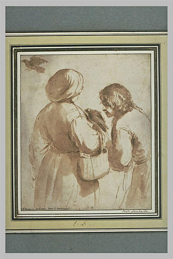 Une figure, de dos, tenant un panier et un oiseau, devant une autre figure