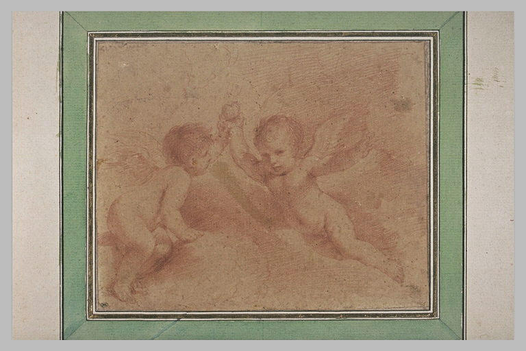 Deux anges sur des nuages portant une pomme