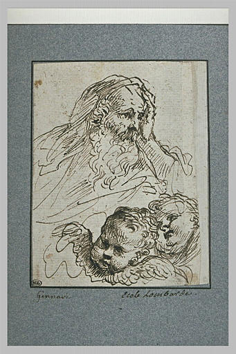 Demi-figure de vieillard et deux têtes d'anges