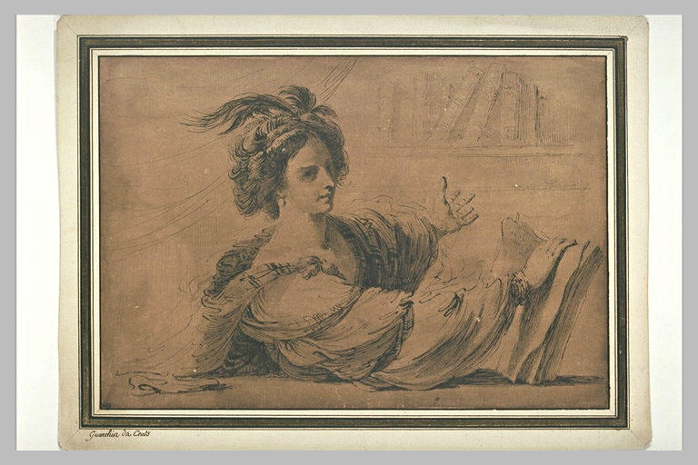 Femme assise, vue en buste, tenant un livre : une sibylle (? )