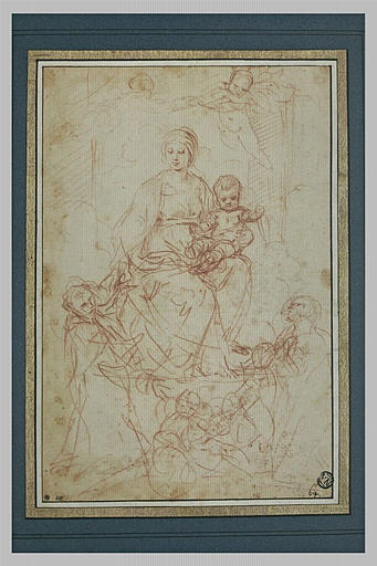 Vierge à l'Enfant, couronée par des anges, adorée par deux saints
