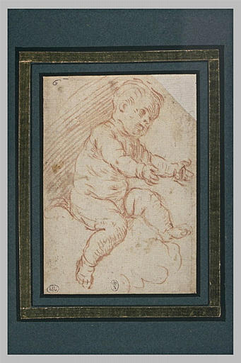 Un enfant nu, assis sur les nuages, étendant les bras en avant