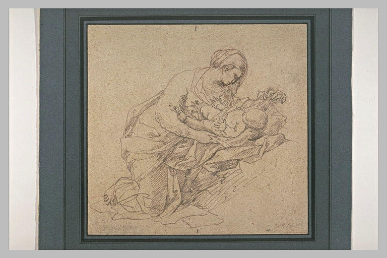 La Vierge à genoux enveloppant d'un drap l'Enfant Jésus