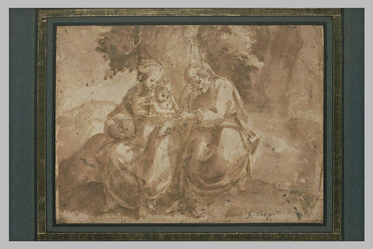 Saint Joseph présente un fruit à Jésus assis sur les genoux de la Vierge
