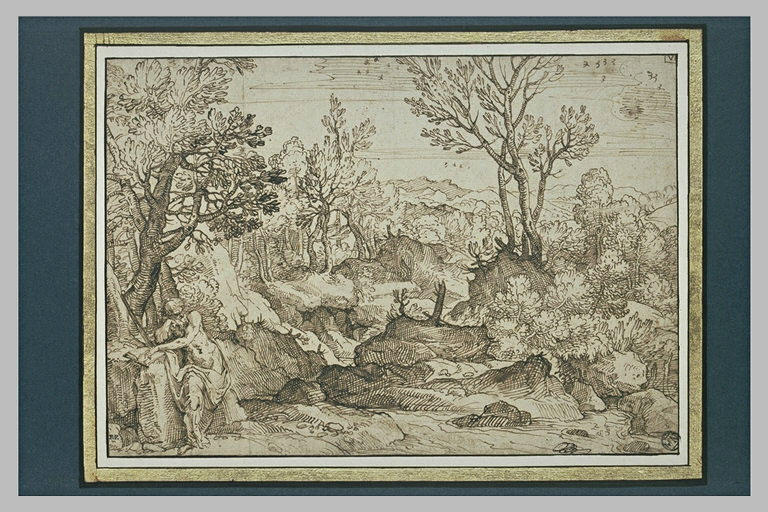 Paysage avec saint Jérôme assis sur un rocher, une main posée sur un livre