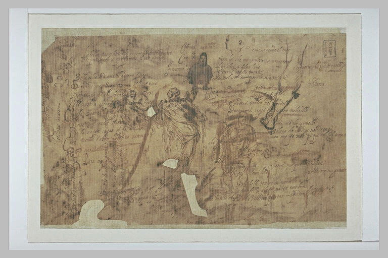 Texte manuscrit et une figure debout, des silhouettes, une jambe