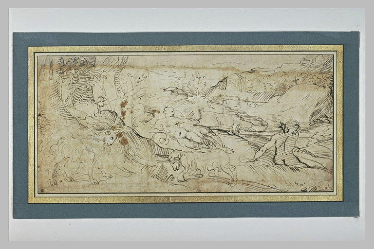 Paysage avec deux nymphes et deux chèvres