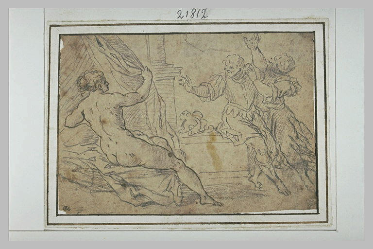 Figure empêchant un guerrier d'aller rejoindre une femme nue