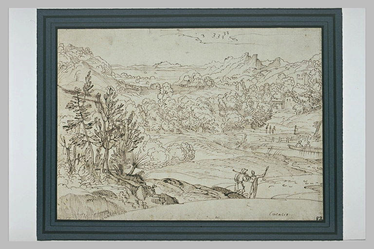 Paysage avec des figures près d'une étendue d'eau, et d'une forteresse