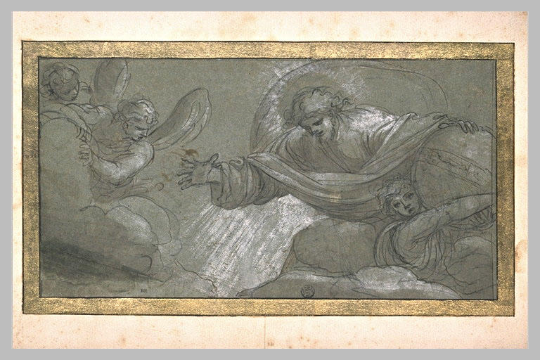 Dieu dans sa gloire posant la main sur un globe porté par un ange