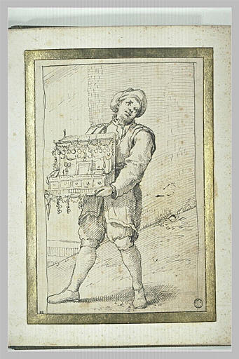 Un marchand de lunettes soutenant devant lui une boîte