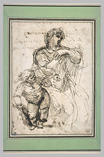 Femme assise et nain portant au poing un perroquet