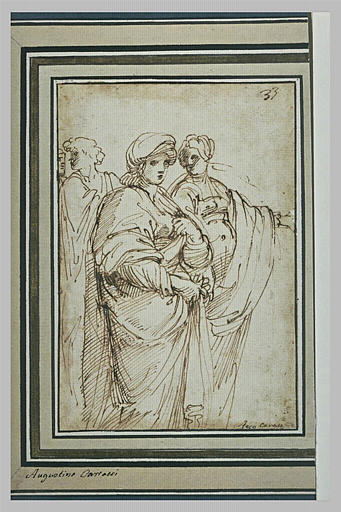 Deux femmes drapées et deux hommes à l'arrière-plan