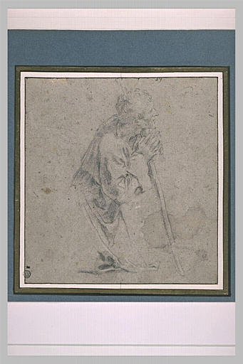 Homme agenouillé, appuyé sur un bâton, de profil