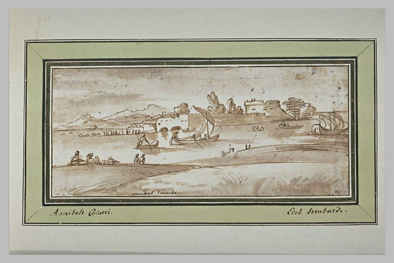 Paysage avec une rivière baignant des fortifications